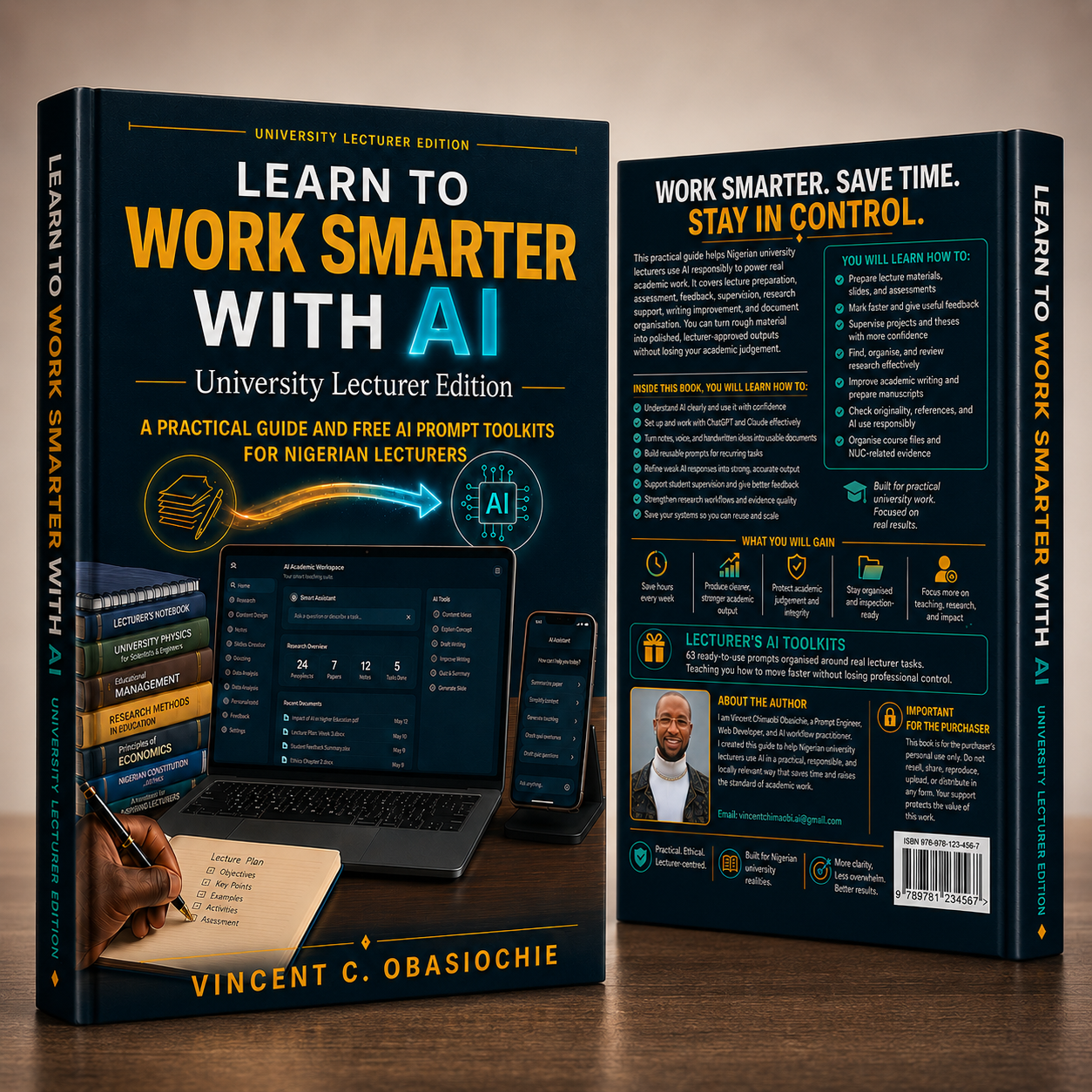 Learn to Work Smarter With AI, University Lecturer Edition, front and back cover of the 700+ page practical guide for Nigerian university lecturers